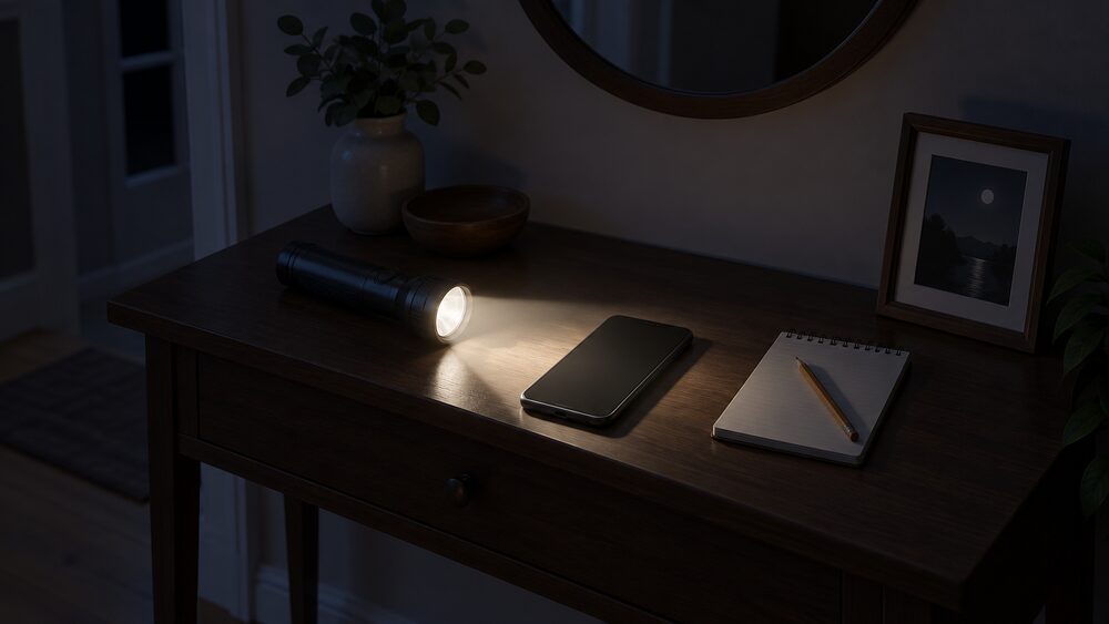 A dark hallway table at night during a power cut, with a switched-on torch lying beside a mobile phone and a notepad with a pencil, the torch beam lighting the phone's blank screen.