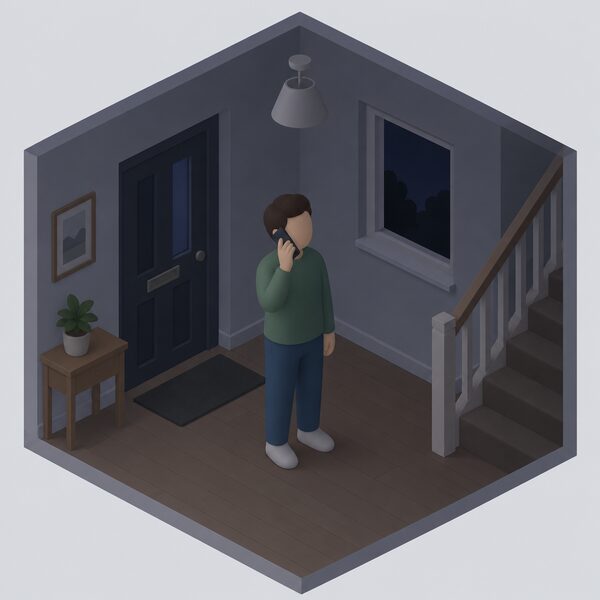 A simplified isometric figure stands indoors in a dim home hallway holding a mobile phone to their ear, making a free call to report a power cut, with an unlit ceiling light overhead and a dark window suggesting the outage outside.
