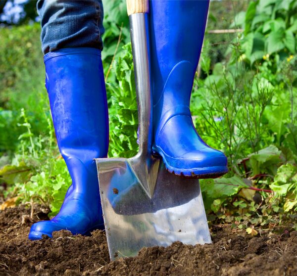 A person in blue wellington boots digging a garden border with a spade