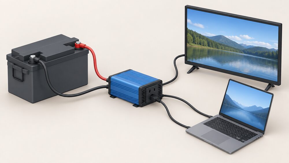 A small 12V pure sine wave inverter shown close up, connected by thick cables to a 12V leisure battery at one side and by a mains-style lead to a laptop and a small LCD television on the other side, all arranged on a plain surface.