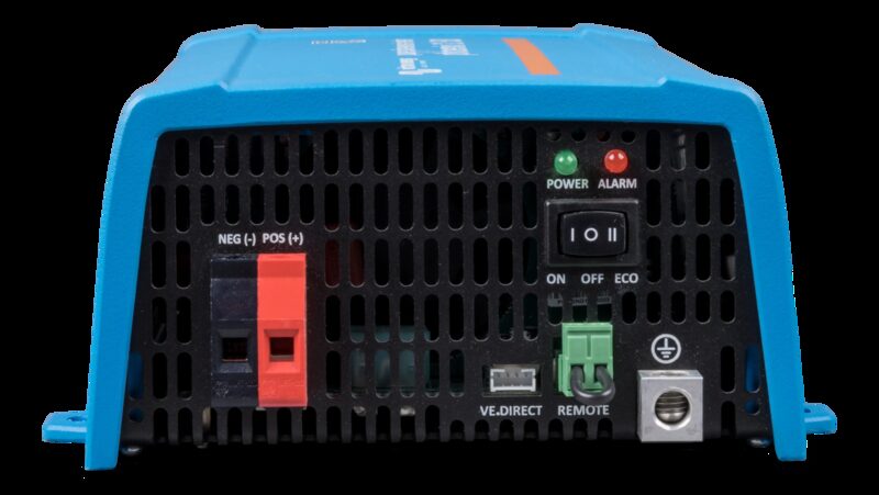 A blue Victron Energy 12V inverter shown from the front, with power/alarm LEDs, an on/off/eco switch, negative and positive terminals, a VE.Direct port and remote connector