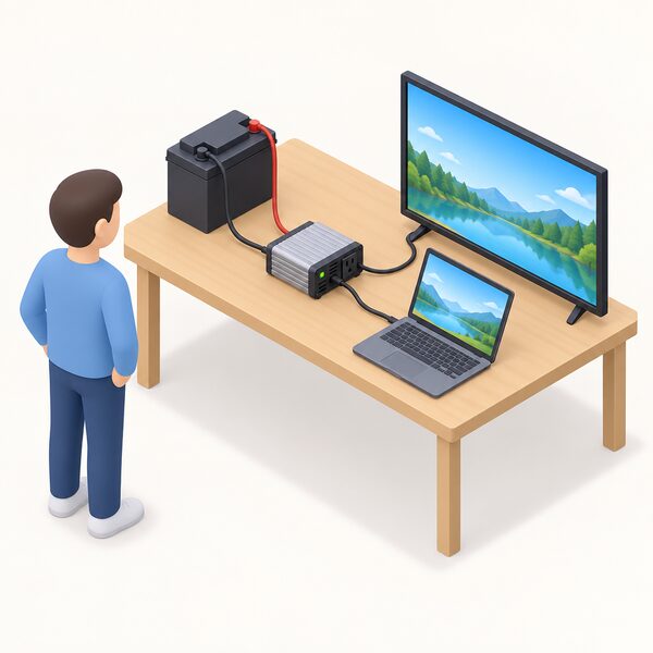 A small 12V inverter on a table connected by its leads to a 12V battery on one side and to a laptop and a modest-sized LCD television on the other, both switched on and running, with a simplified isometric figure standing beside the setup.