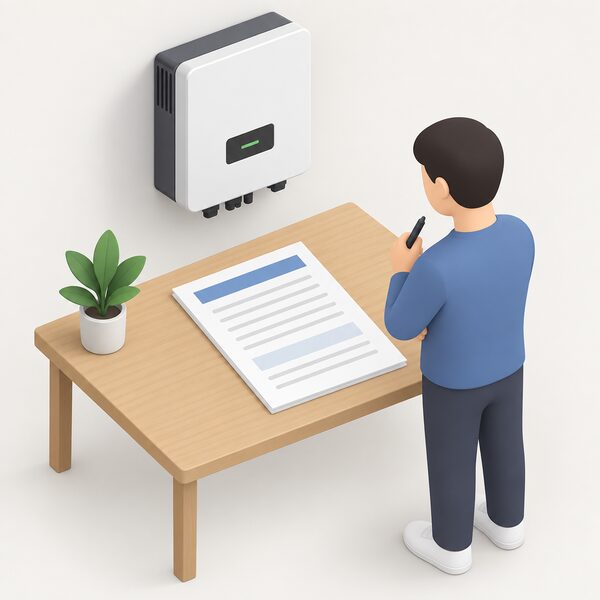 A printed warranty document lying on a table beside a small wall-mounted inverter unit, its pages showing only blank lines and plain colour bands, with a simplified isometric figure standing nearby holding a pen as if reviewing the papers.