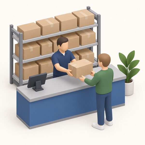 A UK distributor at a trade counter hands a boxed inverter across to a householder, with plain boxed stock on shelves behind, showing how inverters reach households through distributors rather than direct sale.