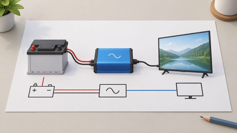 A printed wiring diagram sheet on a flat surface showing, as simple connected symbols, a 12V battery linked by a DC cable to an inverter box and onward by an AC cable to a television, with the inverter drawn between the battery and the TV.