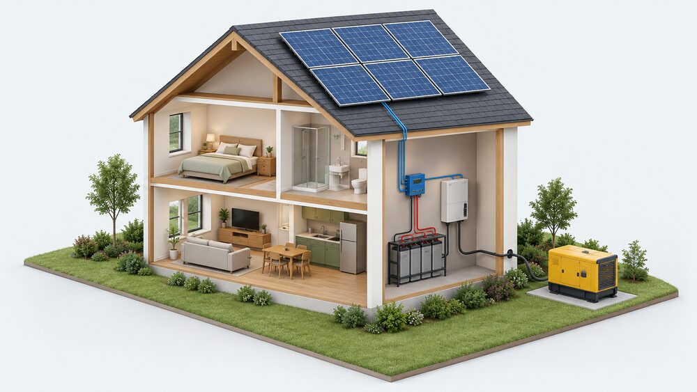 A cutaway of a small off-grid house showing solar panels on the roof, a battery bank and inverter-charger on a utility room wall indoors, and a diesel backup generator standing outside the house, connected to the inverter-charger.