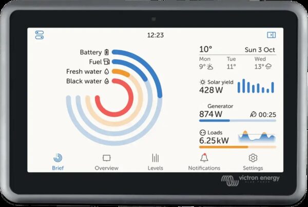 A Victron Energy Ekrano GX control display showing a dashboard with battery, fuel, water levels, solar yield, generator and loads