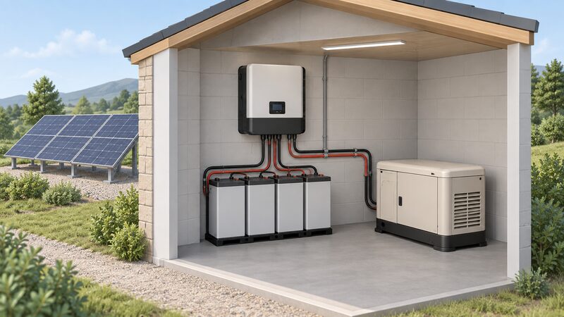 A plant room containing a battery bank and an inverter-charger on the wall, with a backup generator standing alongside connected by cabling so it can charge the batteries and supply loads, with solar panels visible outside through an opening.