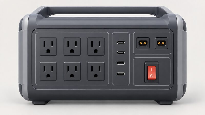A close view of the front panel of a large portable home backup battery, showing rows of AC outlet sockets, a cluster of USB-C ports, two solar input ports and a prominent 240V power switch, with no readable labels.