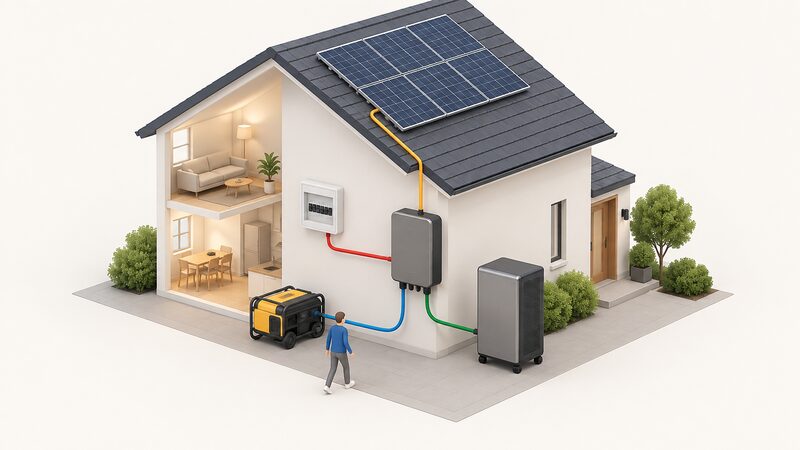 A simplified isometric diagram of a house with rooftop solar panels, a portable generator and a consumer unit, each connected by plain cable lines to a Home Power Panel unit which links onward to the F3800 Plus battery standing beside the house.