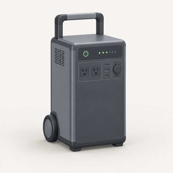 A single wheeled portable power station standing alone on a plain floor, drawn as a tall rectangular cabinet unit with a handle, simple sockets and indicator lights, with no expansion batteries attached, shown as the base unit that can later be expanded.
