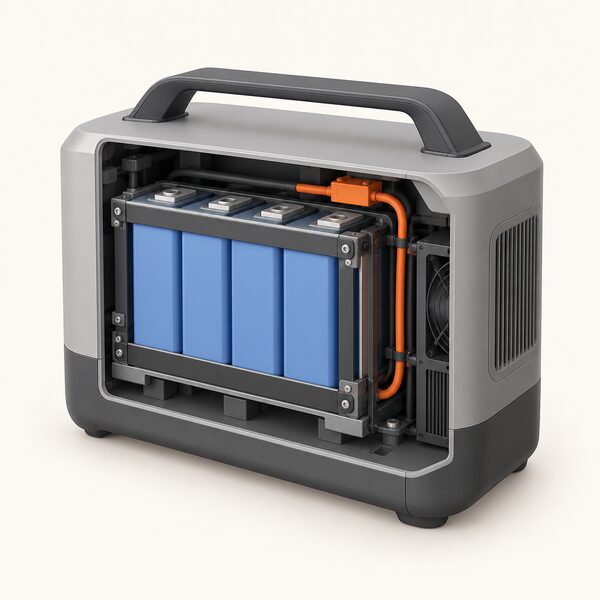 A cutaway view of the home backup battery unit showing the LFP battery pack inside its casing, drawn as a stack of prismatic cells within a module frame, with the surrounding enclosure, cooling space and cabling visible so the pack reads as the durable core of the unit.