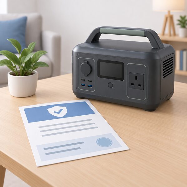 A warranty certificate lying on a table beside the new portable power station, drawn as a physical document with plain colour bands and blank lines standing for the cover period and terms, with no readable words or figures.