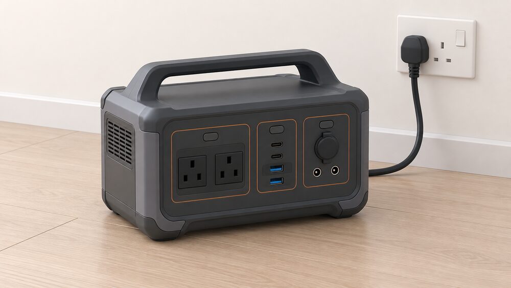 A large portable power station sits on a floor close up, its mains plug lead running to a wall socket behind it, with its panel of AC, USB-C and DC ports visible on the front face and nothing else in the scene.