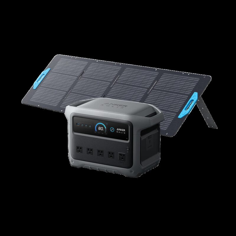 An Anker SOLIX C2000 portable power station with UK sockets shown in front of a folding portable solar panel