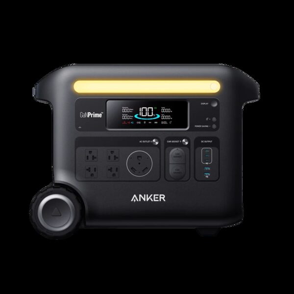 An Anker SOLIX F2600 portable power station with display, AC outlets, car socket and USB ports, shown with US-style sockets
