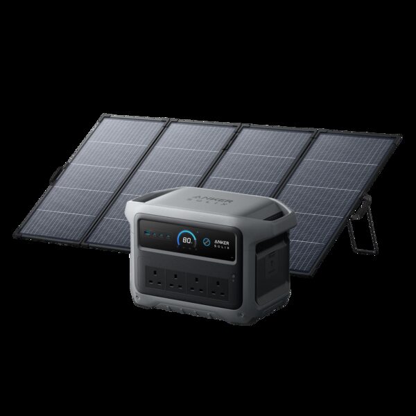 An Anker SOLIX C1000 portable power station with a folding bifacial portable solar panel behind it