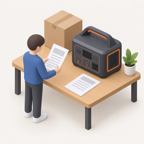A printed warranty document lying on a table beside a portable power station, with a small isometric figure standing between them holding the paperwork as if checking the cover before purchase.