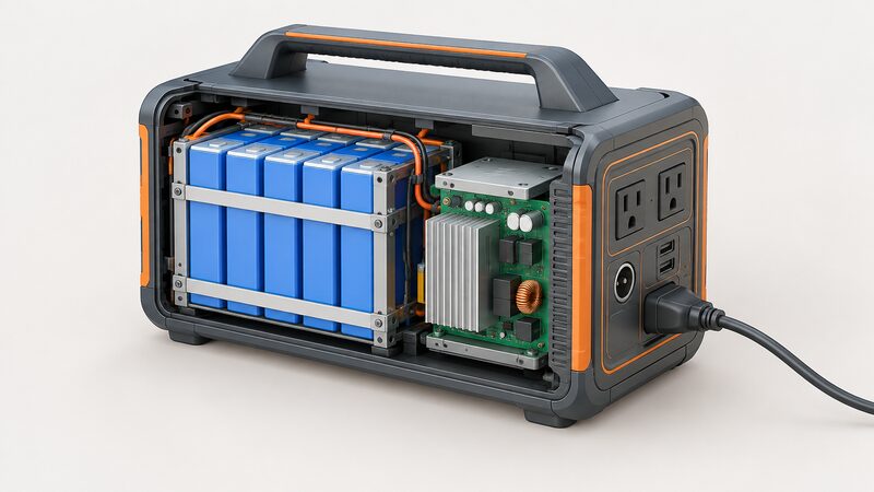 A cutaway view of a portable power station on a plain surface, its case opened to reveal a large LiFePO4 battery pack of stacked prismatic cells, an inverter board beside it, and output sockets on the front panel with a cable plugged in.