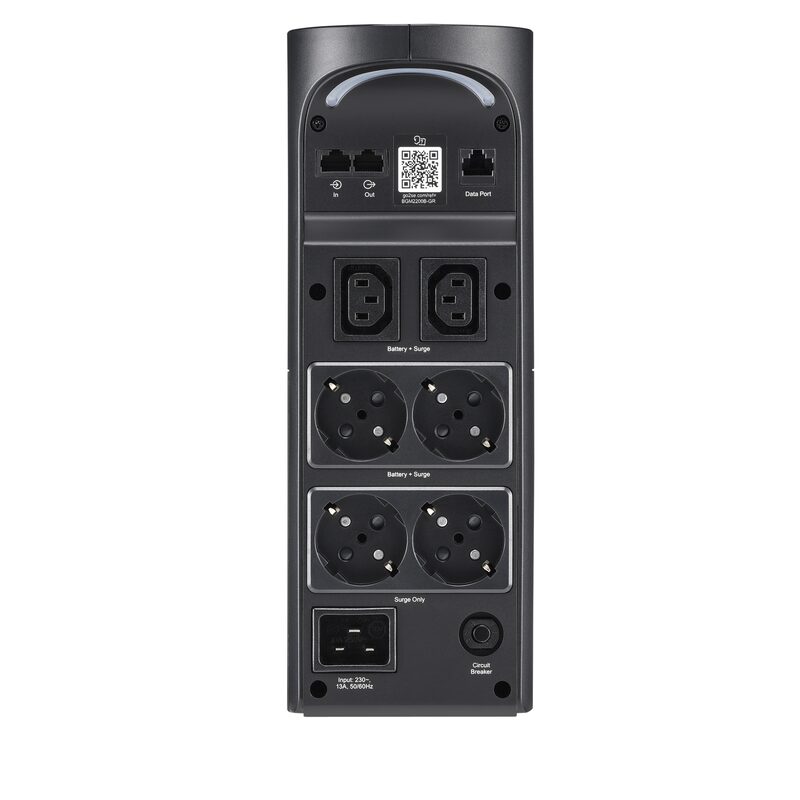 Rear panel of an APC Back-UPS Pro tower UPS with Schuko and IEC outlets, data ports and circuit breaker