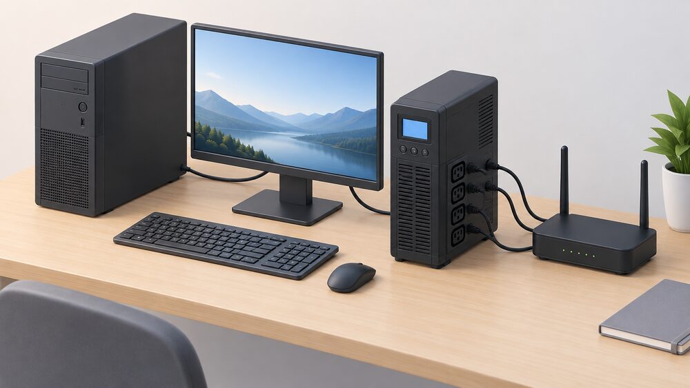 A close-up of a black tower-format UPS unit with an LCD panel and a row of IEC C13 outlets, standing on a desk with its leads running to a desktop computer, a monitor and a broadband router beside it.