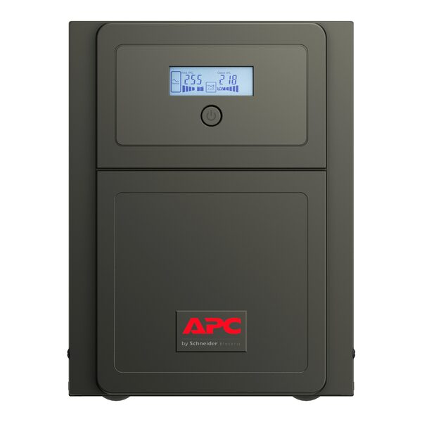 An APC by Schneider Electric Easy UPS tower unit with an LCD display showing input and output voltages