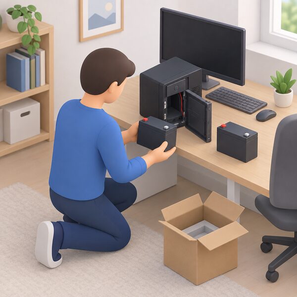 A simplified isometric figure kneels beside a home UPS unit on a desk with its front cover removed, holding a replacement battery block in one hand while the old battery sits beside the open unit, a plain unlabelled spare-parts box nearby.
