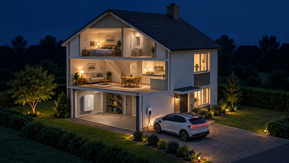 A cutaway house at dusk during a power cut: a wall-mounted home battery inside the garage or utility space, a wall-box EV charger on the outside wall beside the drive with a cable running to a parked electric car, and the house's own lights glowing while neighbouring homes stand dark.