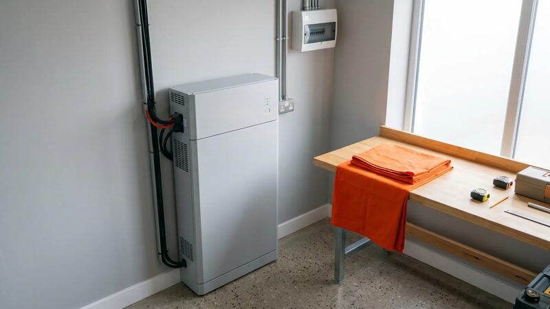 A white home battery storage unit installed on a wall next to a consumer unit, with a workbench and orange cloth nearby