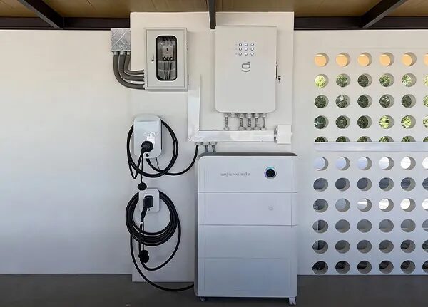 A Sigenergy home battery unit installed on a wall next to an EV charger and electrical distribution box