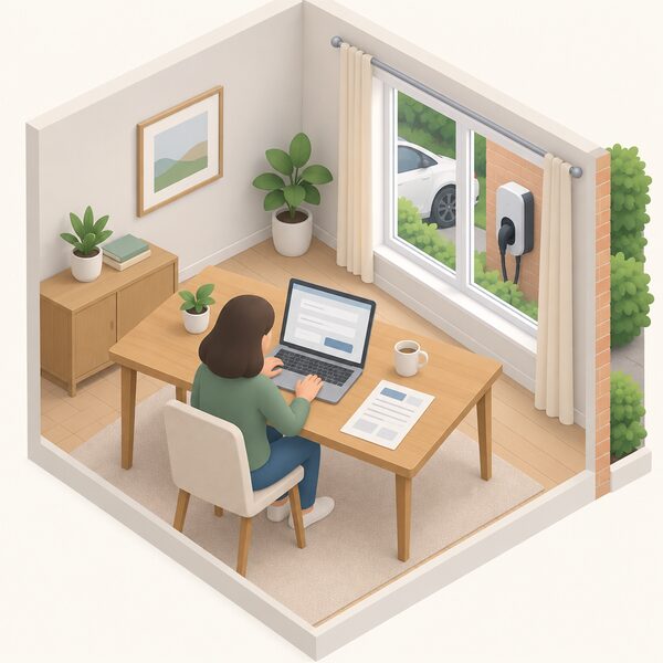 A householder at a home table filling in an online chargepoint grant application on a laptop, the screen showing an account form with blank fields, a quote sheet beside them and an electric vehicle chargepoint visible through the window on the house wall.