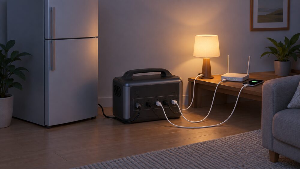 A portable battery power station standing on the floor of a room indoors, its sockets in use, with a lead running to a fridge beside it and a small lamp, a router and a phone on charge nearby, all lit during a blackout.