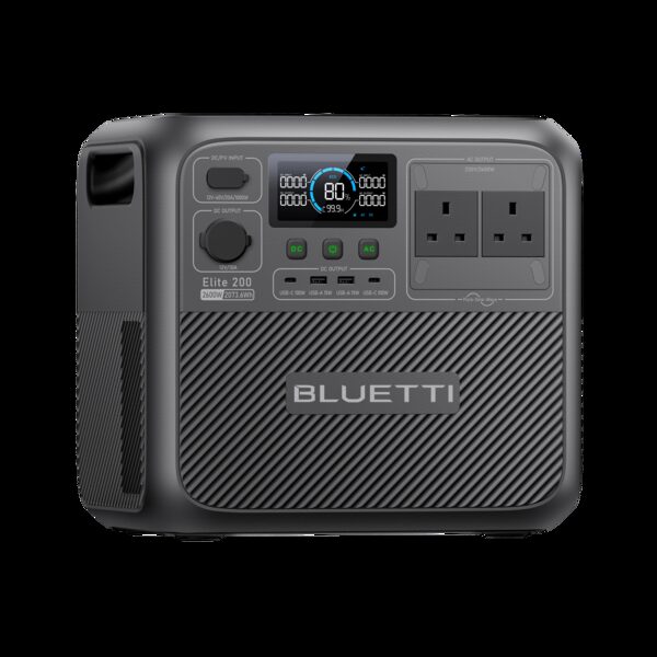 A BLUETTI Elite 200 portable power station with display screen, UK sockets and USB ports