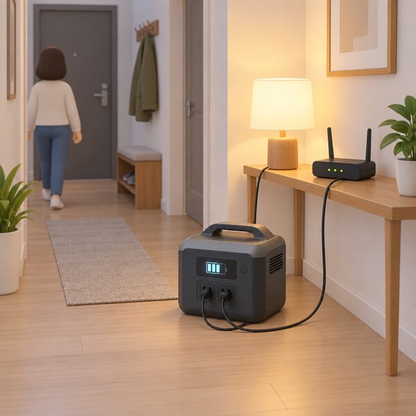 A small portable battery unit standing on the floor of a flat hallway, its state-of-charge display lit, with a cable running to a table lamp glowing nearby and another cable to a router on a shelf, no engine or exhaust anywhere.