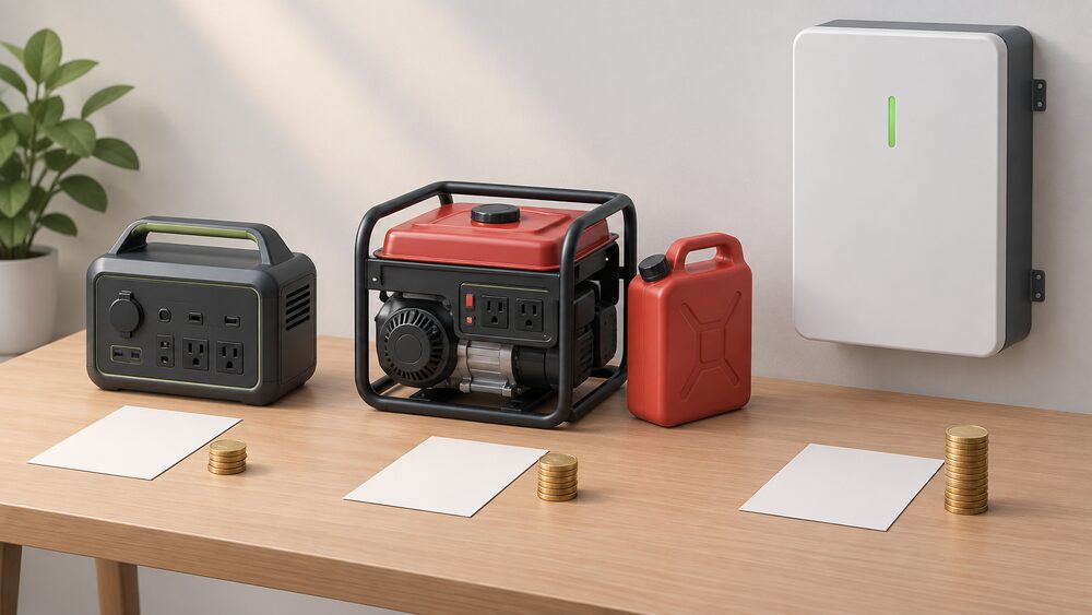 A tabletop comparison scene: a small portable power station, a compact petrol generator with a jerry can beside it, and a wall-mounted home battery unit arranged in a row on a table, with blank paperwork and a small stack of coins in front of them.