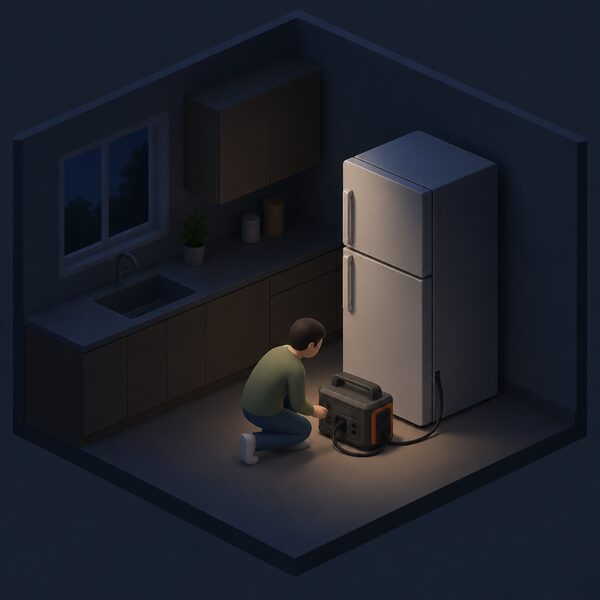 A kitchen scene in a darkened house during a blackout: a closed fridge with its door firmly shut, connected by a cable to a portable power station standing on the floor beside it, a small isometric figure checking the connection.