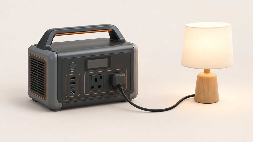 A close-up of a portable power station standing on the floor, its AC outlet socket on the front face with a single mains plug inserted and its cable leading away to one appliance, nothing else in the scene.