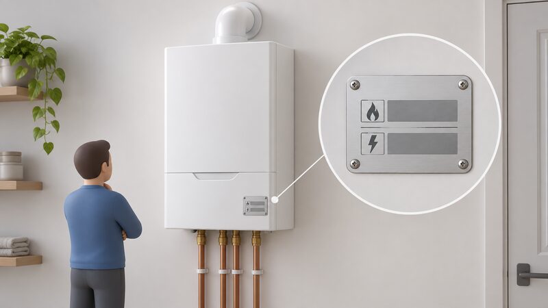 A close-up of a wall-mounted boiler's rating plate, drawn as a physical metal label fixed to the boiler casing, with separate blank blocks and lines representing its heat output figure and its electrical rating, no readable text.