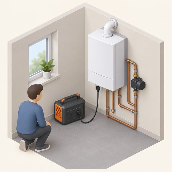 A small isometric indoor scene showing a portable power station on the floor beside a wall-mounted gas boiler, with a plug-in lead from the station's socket running to the boiler's supply so the boiler and its pump sit on that single fed circuit.