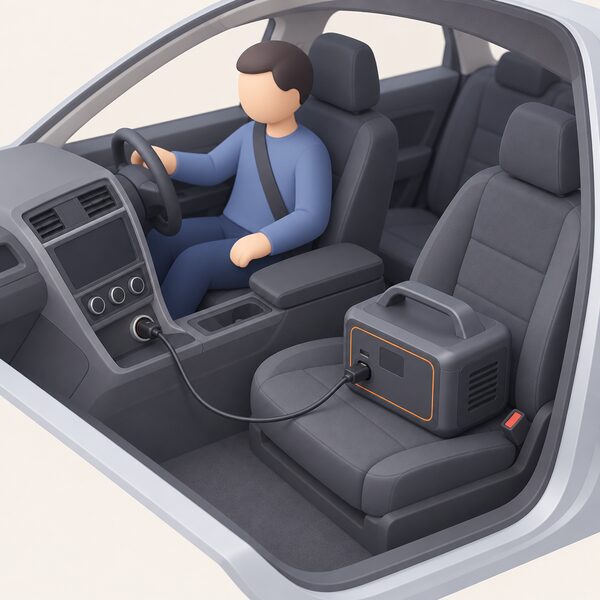 A portable power station on a car seat or boot floor connected by a charging lead to the car's 12 volt accessory socket on the dashboard or centre console, with a simplified figure seated nearby, the engine bay and mains absent.