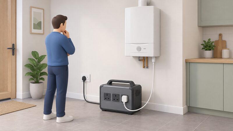 A portable power station standing on the floor of a home, its mains lead running to a wall socket, with a plug from a wall-mounted domestic boiler's flex inserted into one of its AC outlets so the boiler runs from the unit.