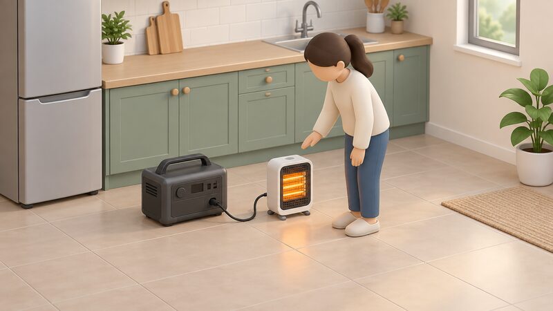 A portable power station sitting on a kitchen floor with a cable running to a small portable electric heater beside it, both shown indoors with no flue or exhaust, and a simplified figure standing nearby attending the heater.