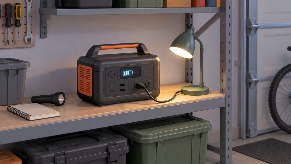 A portable battery power station sitting on a garage shelf, its display panel lit, with one charging lead running to a small desk lamp beside it, a torch and a notepad resting nearby on the shelf.