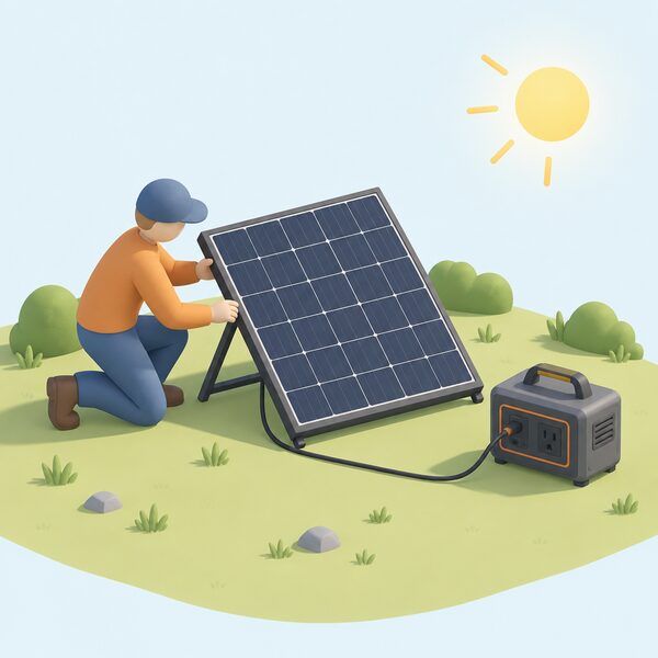 A stand-alone solar panel on the ground outdoors in daylight, angled toward the sun, connected by a cable to a portable power station sitting beside it, with a simplified isometric figure adjusting the panel's tilt.