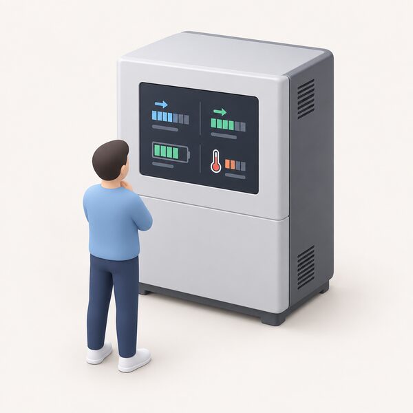 A close-up of a backup power unit's display screen during a test run, showing separate power-in and power-out readouts alongside state of charge and cell temperature, with a simplified figure standing before the unit reading the screen.