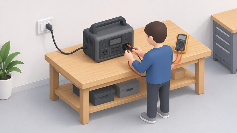 A simplified isometric figure at an indoor workbench load-testing a portable battery power station, its charging cable plugged into a wall socket and a multimeter probe touching the unit's output socket.
