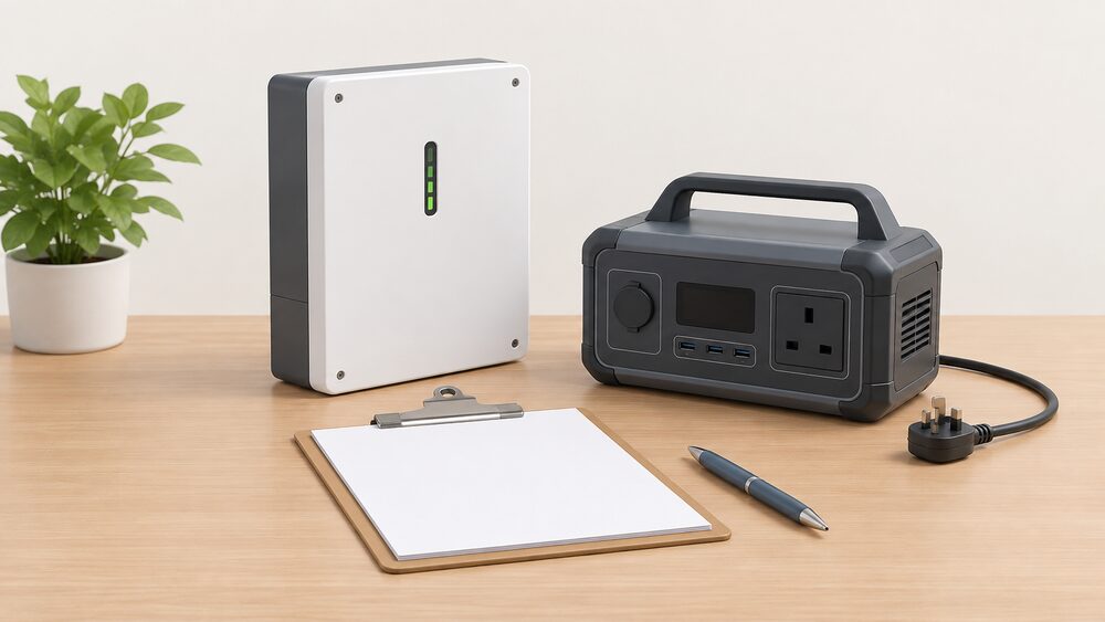 A small model of a wall-mounted home battery storage unit stands beside blank notification paperwork, a clipboard and a pen on a table, with a portable power station with its plug-in lead resting unplugged nearby.