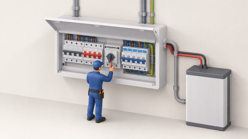 A consumer unit with its front cover open, showing a changeover switch beside the main switches and a clearly separated backup circuit of breakers, with a small isometric figure of an electrician working on it.