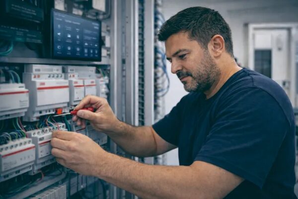 An electrician wiring modules in a smart home distribution board with a wall control panel beside him