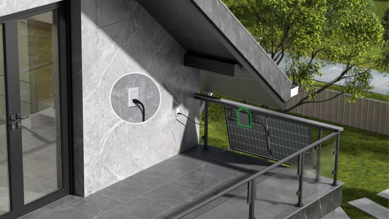 A 3D render of a balcony solar setup with a panel plugged into a wall socket on a house balcony